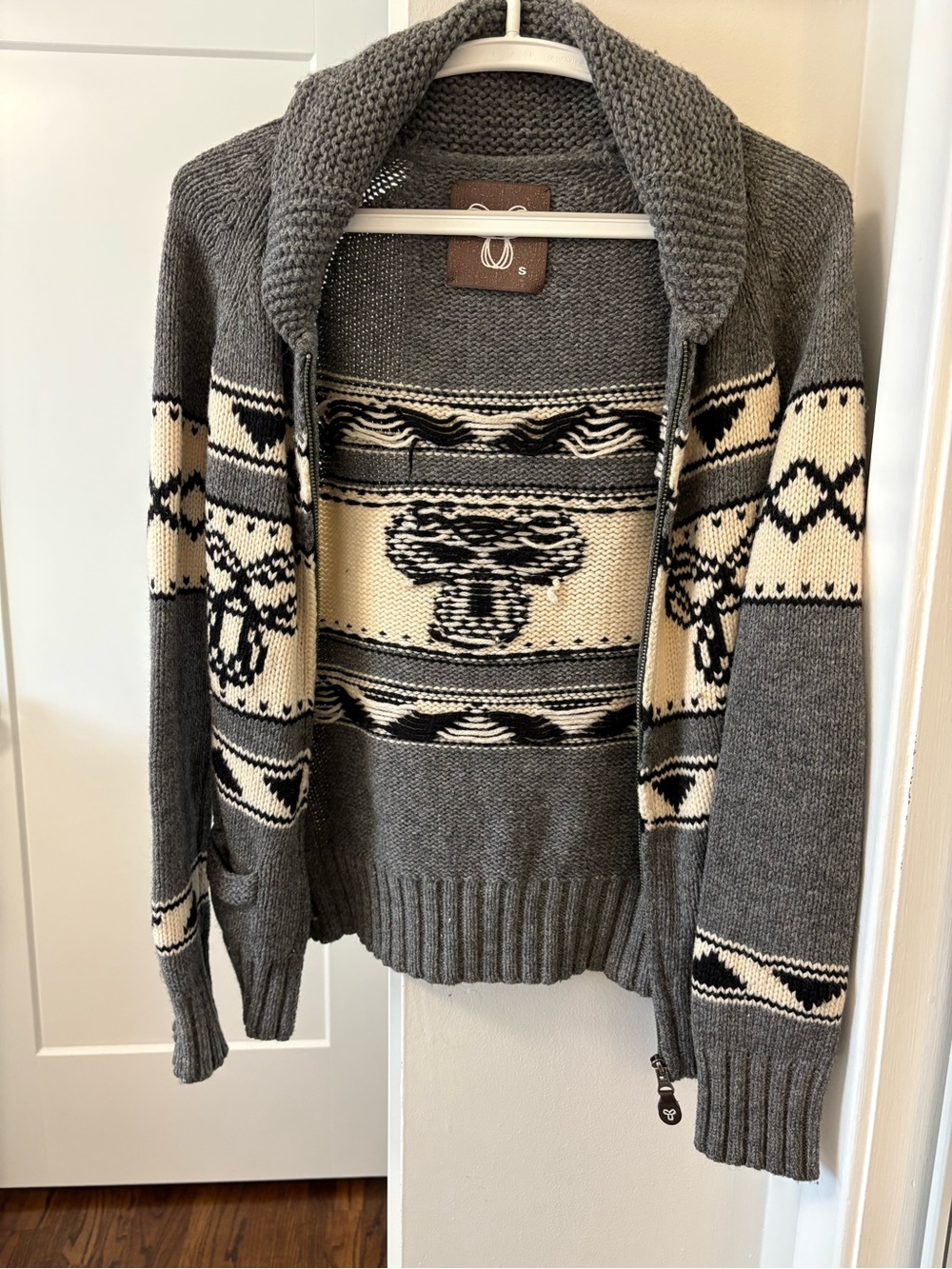 TNA Gray and Cream Patterned Shawl Collar Cardigan